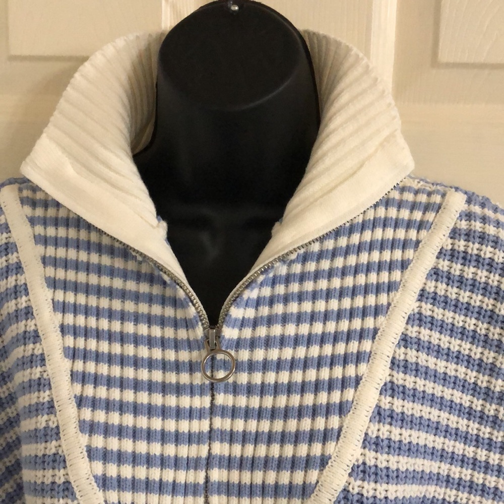 Jessica Simpson blue ecru stripe henley style quarter zipup sweater size medium - Picture 8 of 15